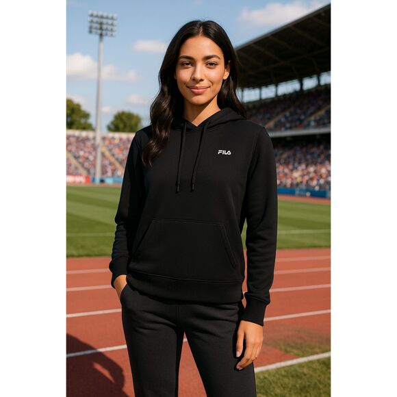 Fila Womens Black Fleece Pullover Hoodie Medium Front Kangaroo Pockets - Picture 1 of 4